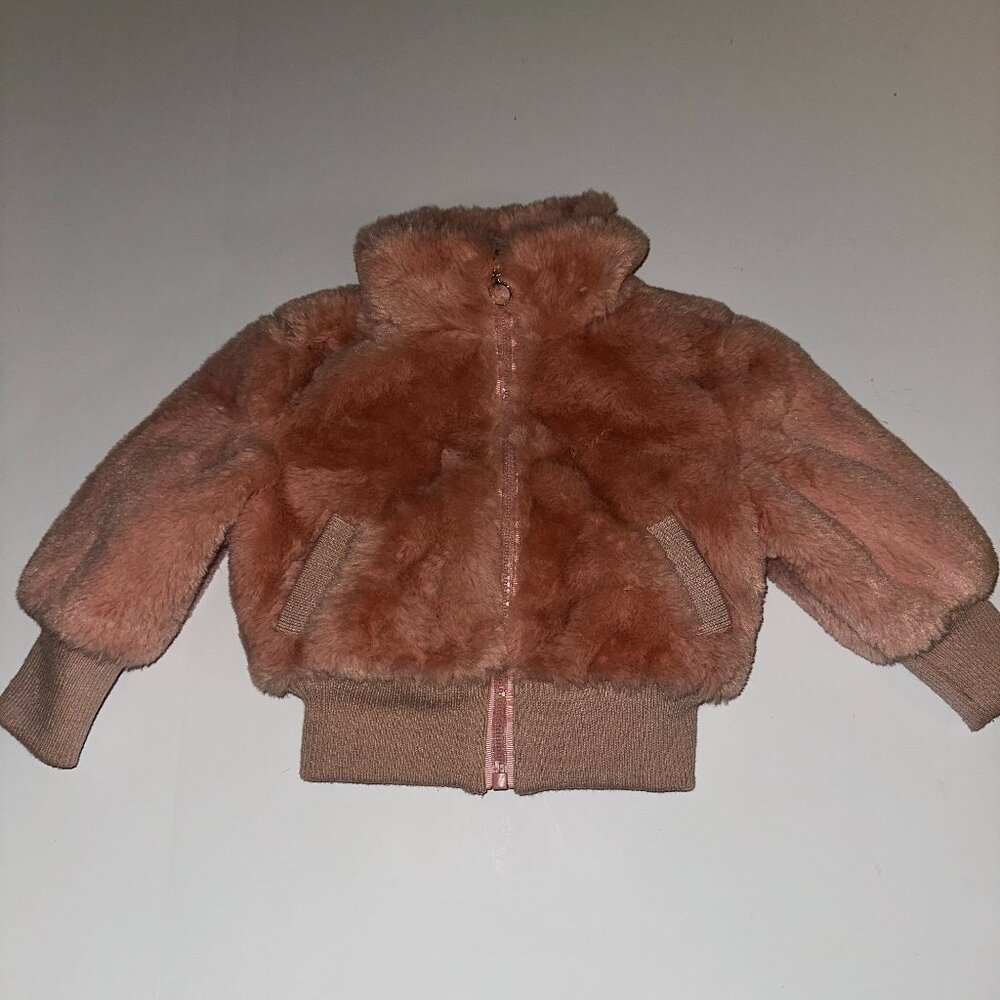 URBAN REPUBLIC 12M PINK Faux Fur Bomber Jacket Full Zip satin lining